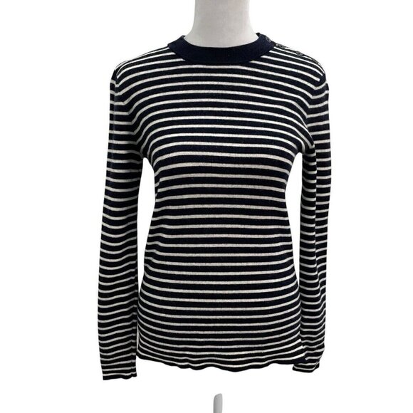 EVERLANE 100% Wool Striped Button Shoulder Knit Sweater Navy White size Small - Picture 1 of 6